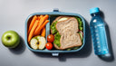 A healthy lunch box with sandwiches, carrots, apple slices, tomatoes and a bottle of water.