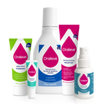 Collection of Oralieve dental products including toothpaste, mouthwash, and mouth gel on a white background.